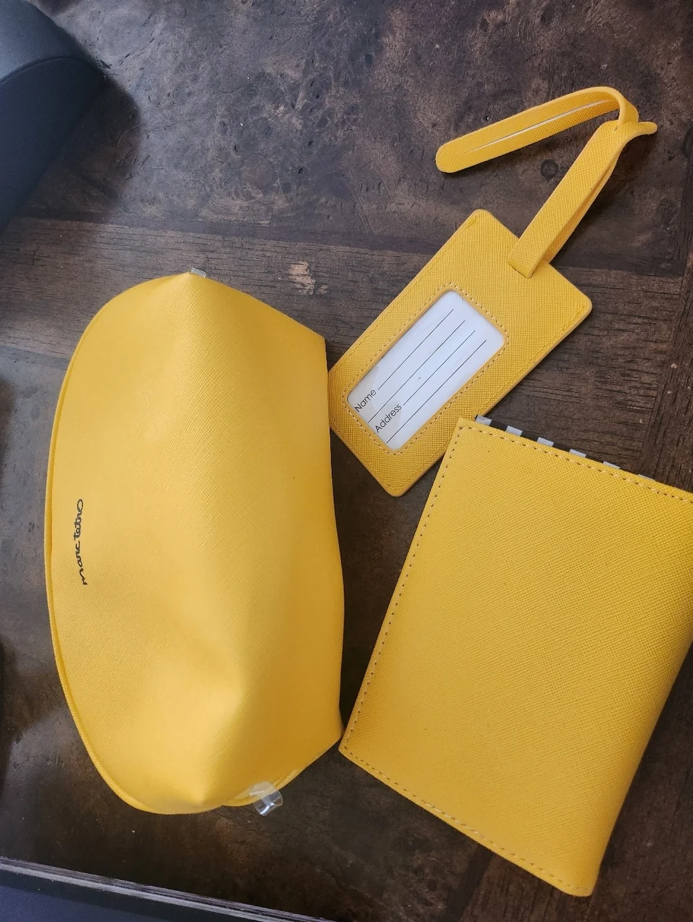 Marc Tetro dachshund yellow cosmetic bag & matching wallet & luggage tag set